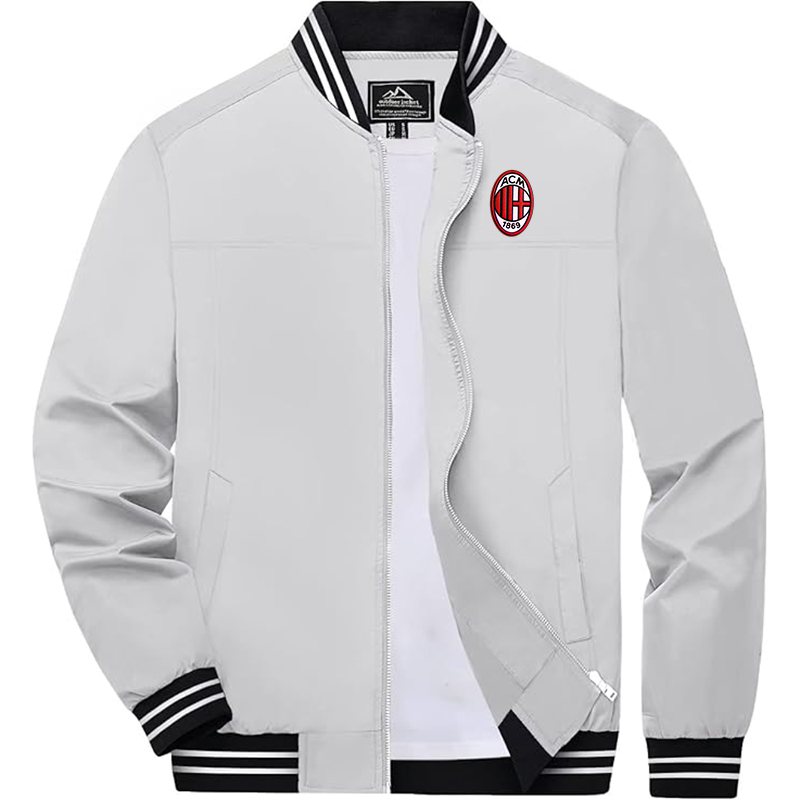 Men's Embroiderd AC Milan  Lightweight Zip-Up Bomber Jacket with Ribbed Collar and Cuffs Versatile Casual Outerwear