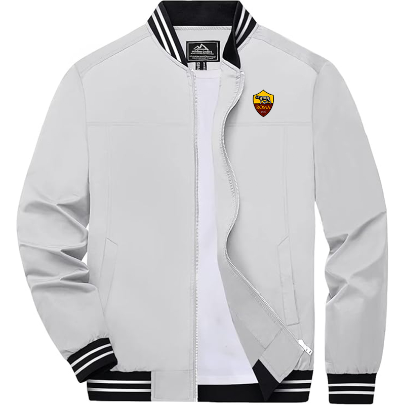 Men's Embroiderd AS Roma  Lightweight Zip-Up Bomber Jacket with Ribbed Collar and Cuffs Versatile Casual Outerwear