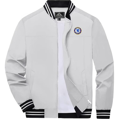 Men's Embroiderd Chelsea Football Club  Lightweight Zip-Up Bomber Jacket with Ribbed Collar and Cuffs Versatile Casual Outerwear