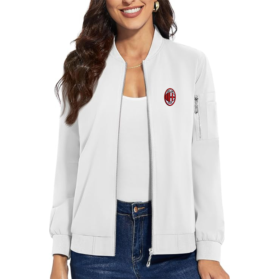 Women's AC Milan Embroidered  Premium Bomber Jacket with Polished Detailing and Functional Sleeve Pocket Modern Luxury Outerwear