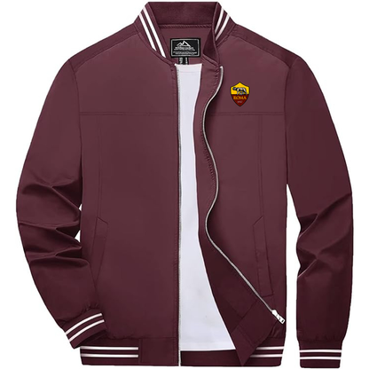 Men's Embroiderd AS Roma  Lightweight Zip-Up Bomber Jacket with Ribbed Collar and Cuffs Versatile Casual Outerwear