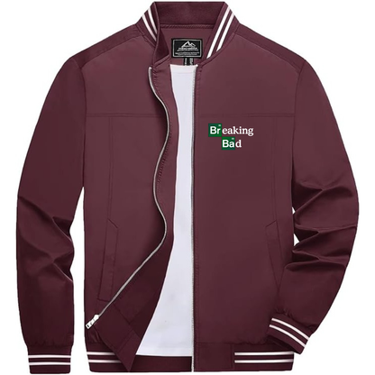 Men's Breaking Bad Lightweight Zip-Up Bomber Jacket with Ribbed Collar and Cuffs Versatile Casual Outerwear