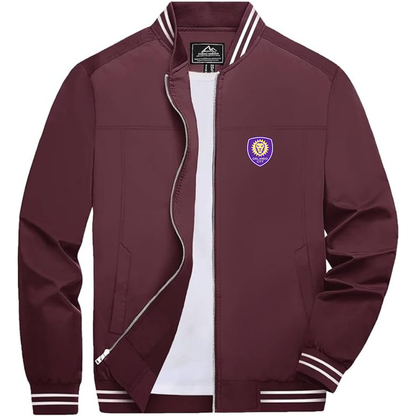 Men's Orlando City Soccer Lightweight Zip-Up Bomber Jacket with Ribbed Collar and Cuffs Versatile Casual Outerwear