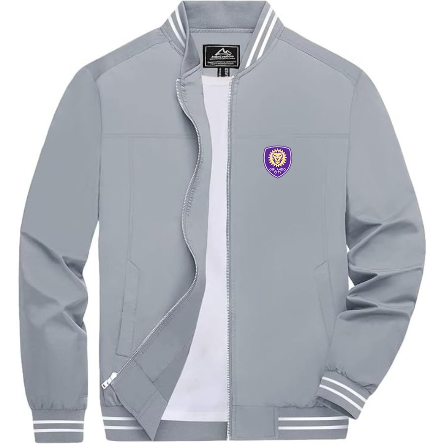 Men's Orlando City Soccer Lightweight Zip-Up Bomber Jacket with Ribbed Collar and Cuffs Versatile Casual Outerwear