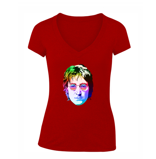 Women's John Lennon Face Art Music V-Neck T-Shirt